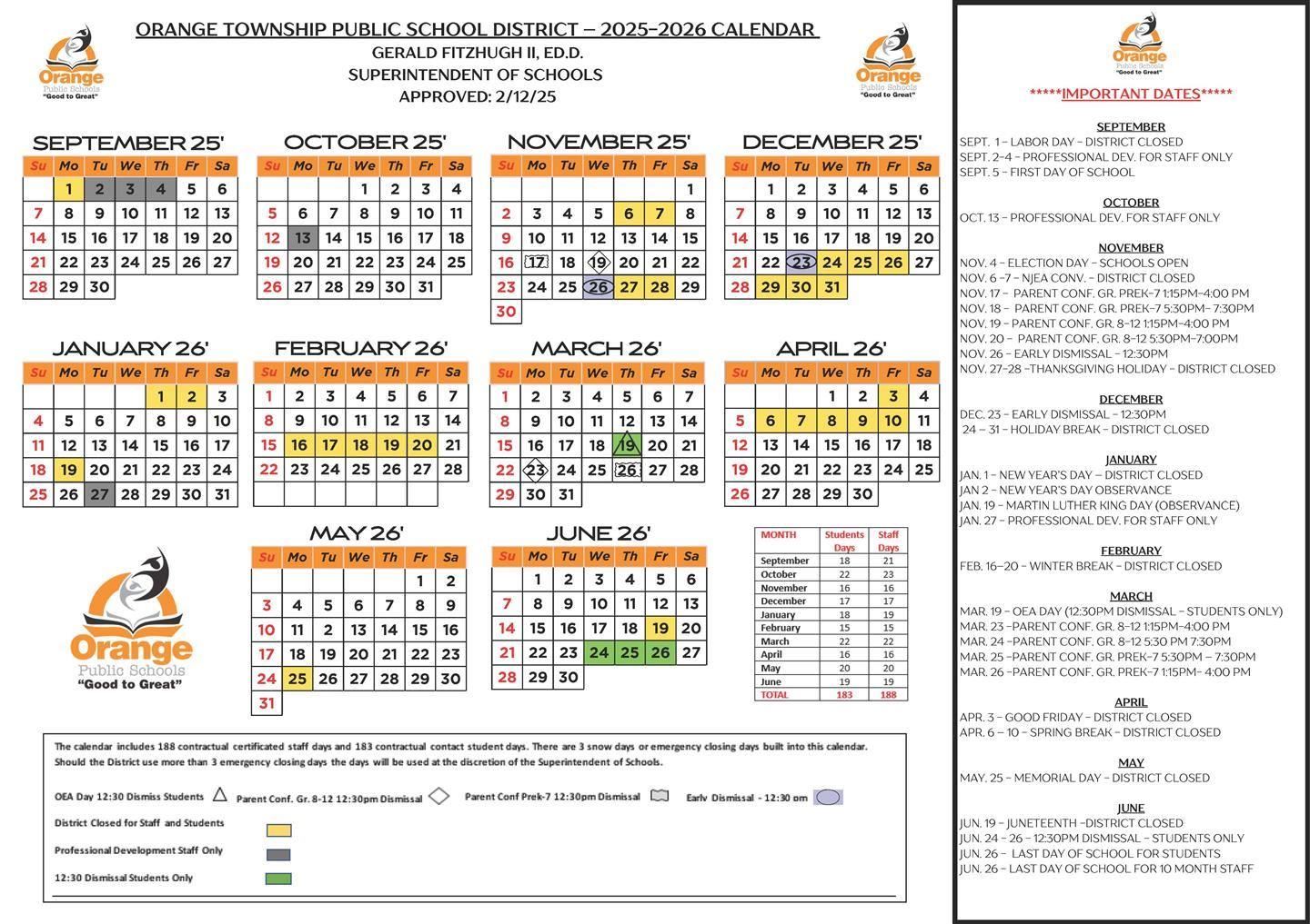 Orange Public Schools 25-26 District Calendar